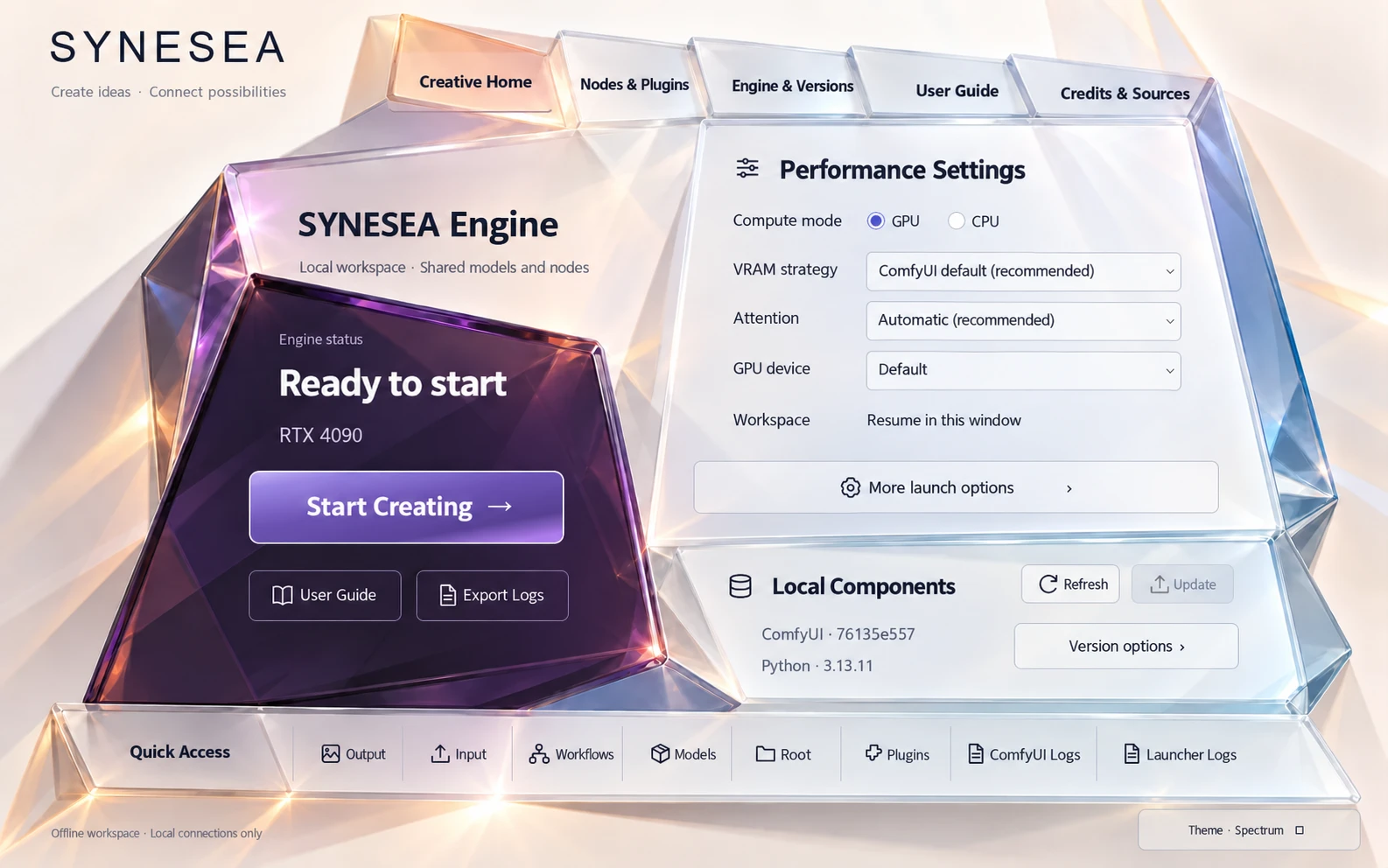 English presentation preview of the SYNESEA ENGINE Spectrum home interface with a crystalline design, engine controls and performance settings